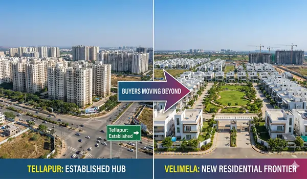 Infographic showing the residential growth in Velimela and why luxury homebuyers are shifting from Tellapur to Prestige Golden Grove in 2026.