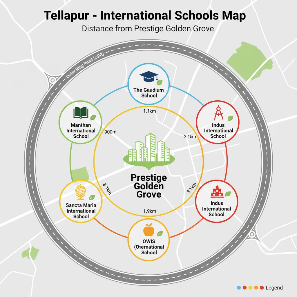Map showing international schools near Prestige Golden Grove in Tellapur, West Hyderabad with distance circles from 900m to 3.5km