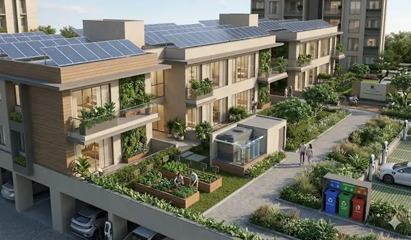 Prestige Golden Grove sustainable living features 2026 showing 11 acre central park solar power common lighting rainwater harvesting and zero liquid discharge STP Hyderabad