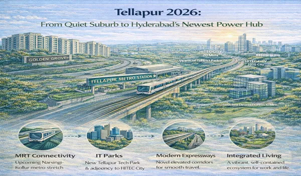 Modern high-rise commercial buildings in Tellapur, showcasing its 2026 transformation into a major business and residential power hub near the Financial District