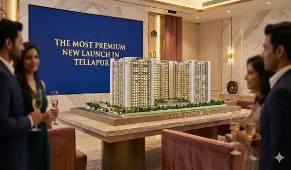 Overview of Prestige Golden Grove, the most premium new launch in Tellapur featuring 52-floor high-rise towers and 28.8 acres of luxury.