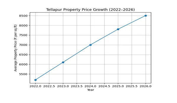 Line graph showing Tellapur property price appreciation from ₹5,300 to ₹8,500 per sq. ft. between 2022 and 2026.
