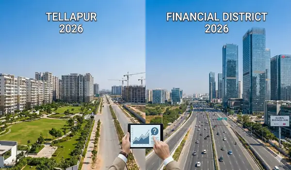 A side-by-side comparison of Tellapur's green residential townships and the Financial District’s high-rise commercial skyline in Hyderabad for 2026 investors.