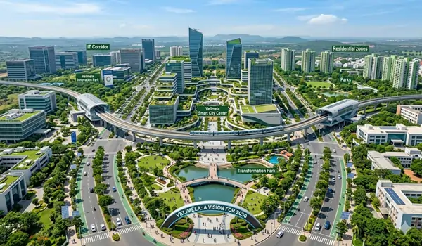 Velimela Hyderabad 2030 transformation showing high-rise skyscrapers luxury forest themed townships and Metro Phase 2 connectivity near Neopolis and Financial District