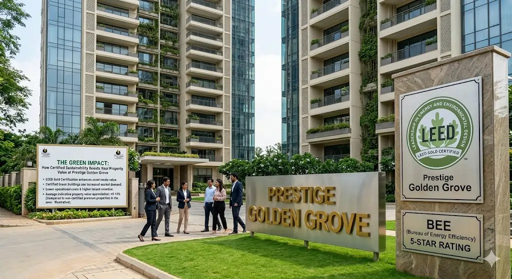 Lush green landscaping and forest-themed wellness zone at Prestige Golden Grove, increasing property value through biophilic design