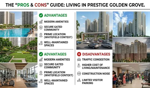 Detailed pros and cons of Prestige Golden Grove Velimela 2026 showing 11 acre central park advantages vs 2030 possession timeline and floor rise premium disadvantages