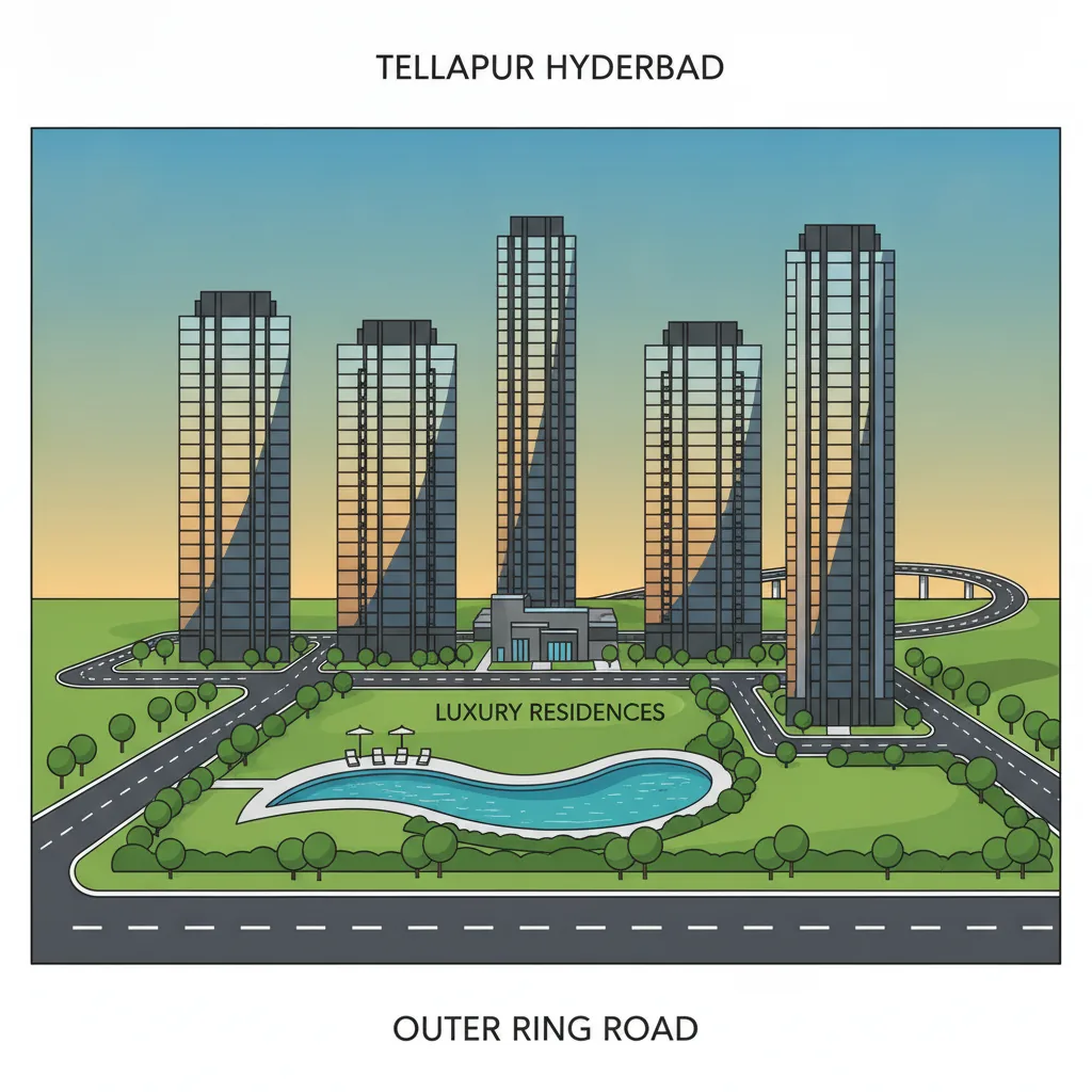 Modern luxury apartment complex in Tellapur, Hyderabad with lush green landscaping, high-rise towers with glass facades, wide roads, and the Outer Ring Road in the background