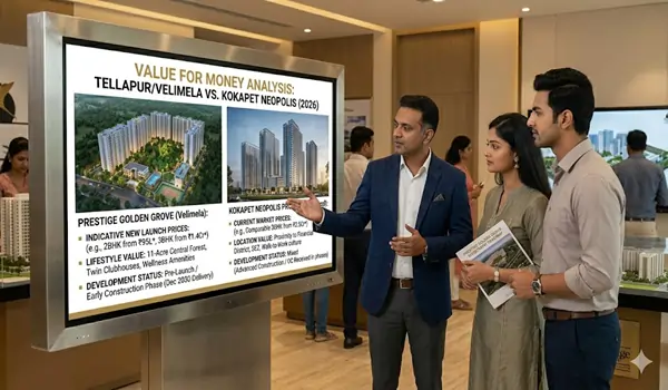 Real estate price comparison 2026 West Hyderabad Prestige Golden Grove Velimela vs Kokapet Neopolis showing price per square foot ROI potential and 80 percent open space advantage