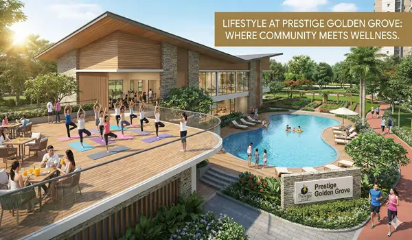 Lifestyle and wellness amenities at Prestige Golden Grove in West Hyderabad featuring an 11-acre central park and 80% open space.