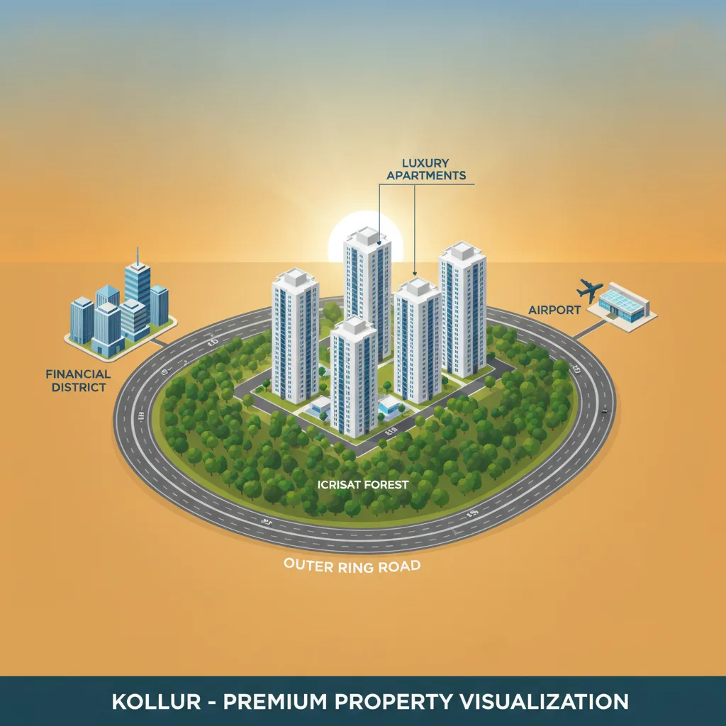 Aerial view of Kollur Hyderabad showing luxury apartments near ORR Exit 2 with ICRISAT forest and city connectivity