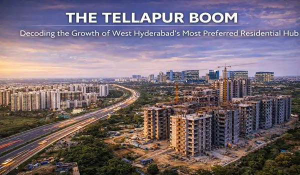 Aerial view of the rapid residential development and modern infrastructure in Tellapur, West Hyderabad, highlighting its growth as a preferred real estate hub in 2026