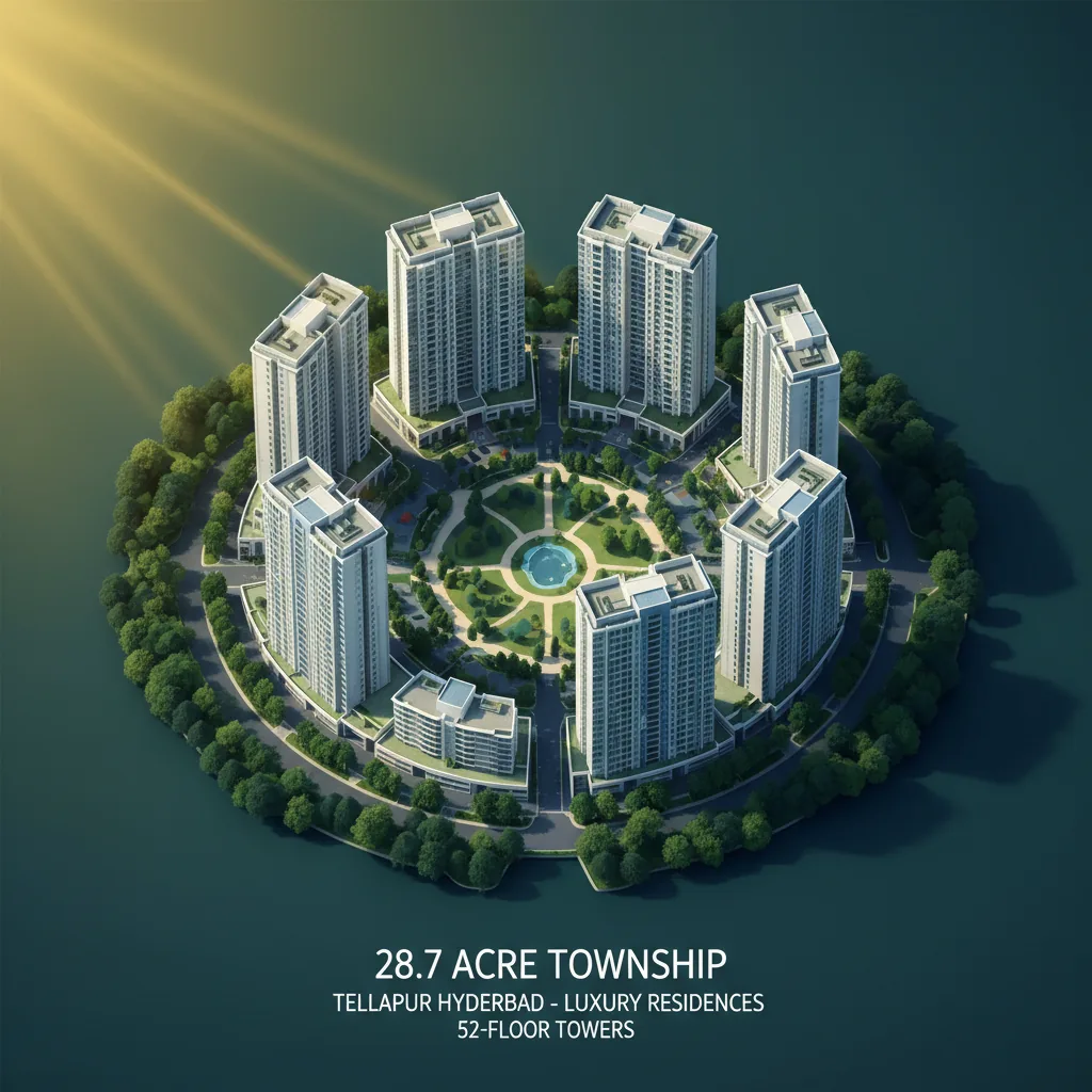Modern luxury residential apartment towers in Tellapur Hyderabad, forest-themed gated community with lush green central park