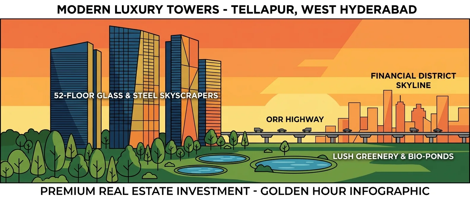 Modern luxury high-rise residential towers in Tellapur, West Hyderabad at golden hour with sleek 52-floor glass skyscrapers, forest-themed park, and Financial District skyline