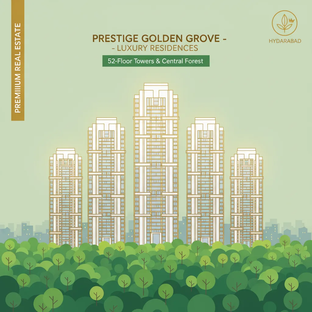 Modern luxury residential towers rising above a lush green forest landscape, Prestige Golden Grove style apartment complex with 52-floor skyscrapers and 11-acre central forest