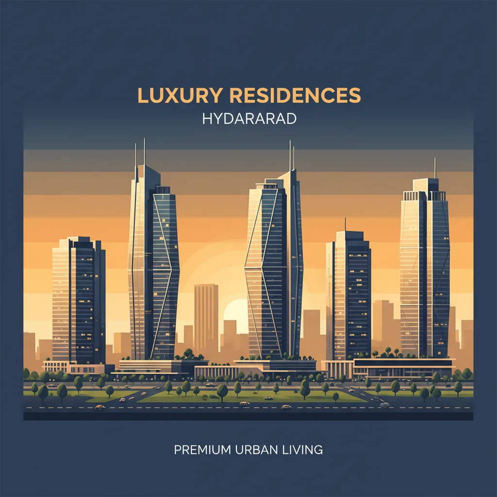 Modern luxury high-rise residential towers in Hyderabad skyline at golden hour