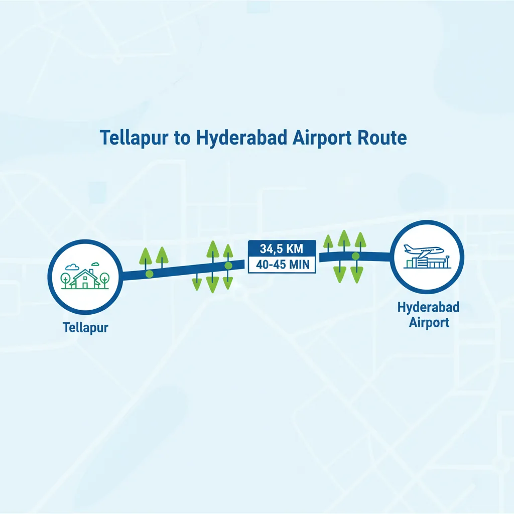 Infographic showing the route from Tellapur to Rajiv Gandhi International Airport with ORR connectivity and travel time indicators