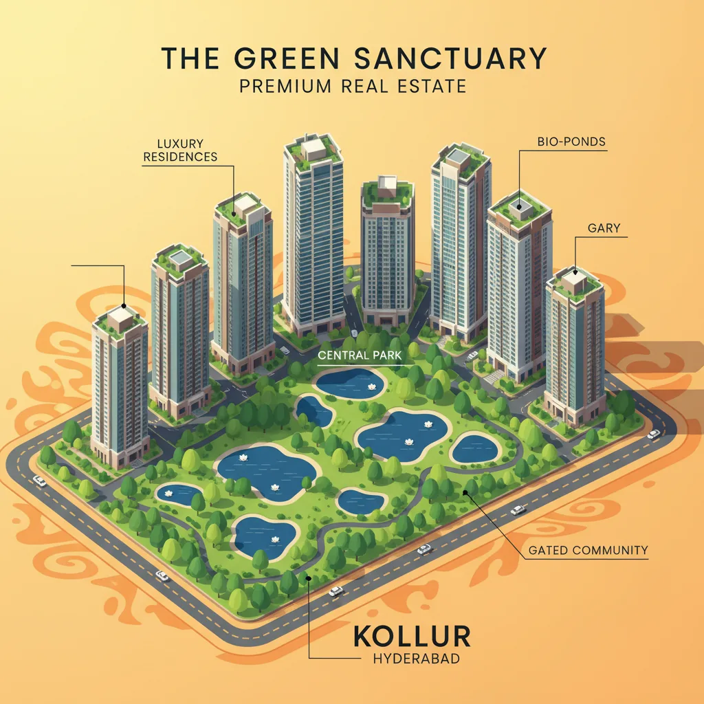 Modern luxury high-rise residential towers at Prestige Golden Grove in Kollur Hyderabad, showing 10 skyscrapers surrounded by forest-themed Central Park