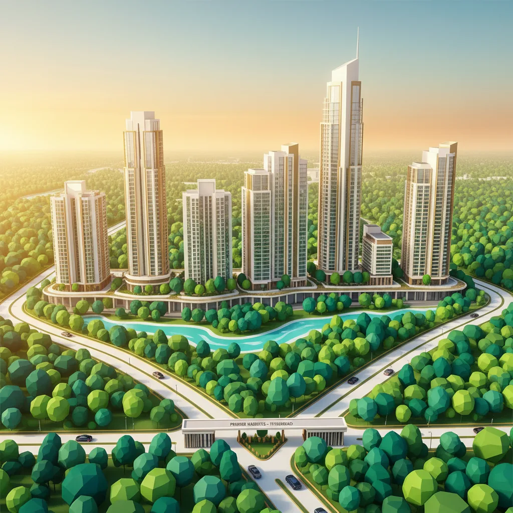 Modern luxury residential towers surrounded by lush green forest landscape in Hyderabad