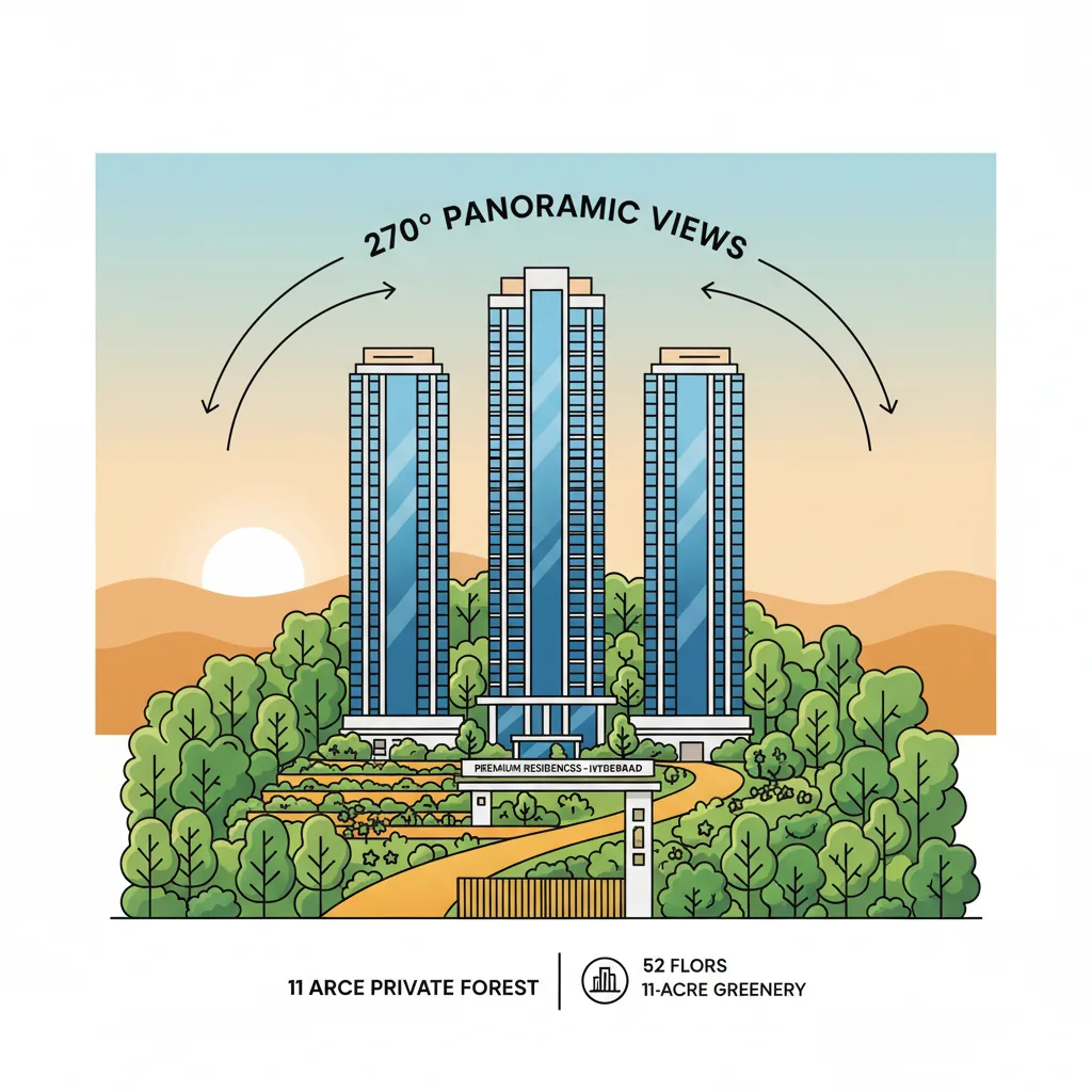 Modern luxury high-rise residential towers at Prestige Golden Grove in Kollur Hyderabad, featuring 52-floor glass towers surrounded by lush 11-acre private forest
