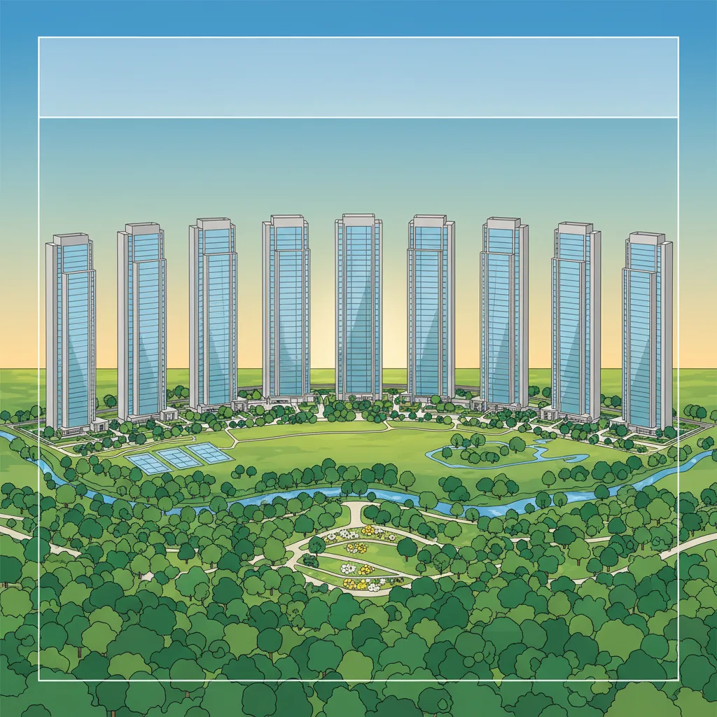 Prestige Golden Grove Hyderabad - Aerial view of luxury residential township with forest sanctuary and ten high-rise towers