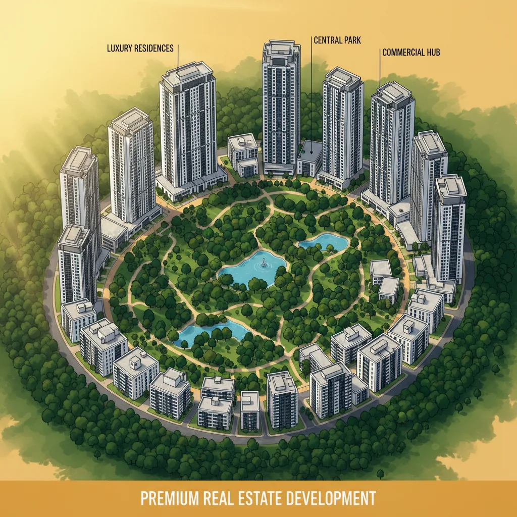 Modern luxury residential high-rise towers surrounded by lush green forest-themed landscaping at Prestige Golden Grove