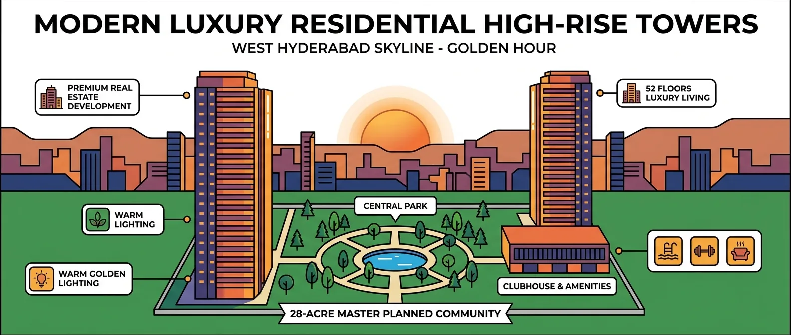 Prestige Golden Grove luxury residential towers at sunset in 28-acre green township, West Hyderabad