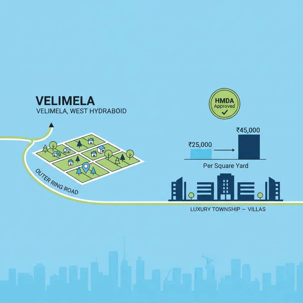 Modern real estate infographic showing land investment in Velimela, West Hyderabad with ORR connectivity, price chart, and luxury township silhouette