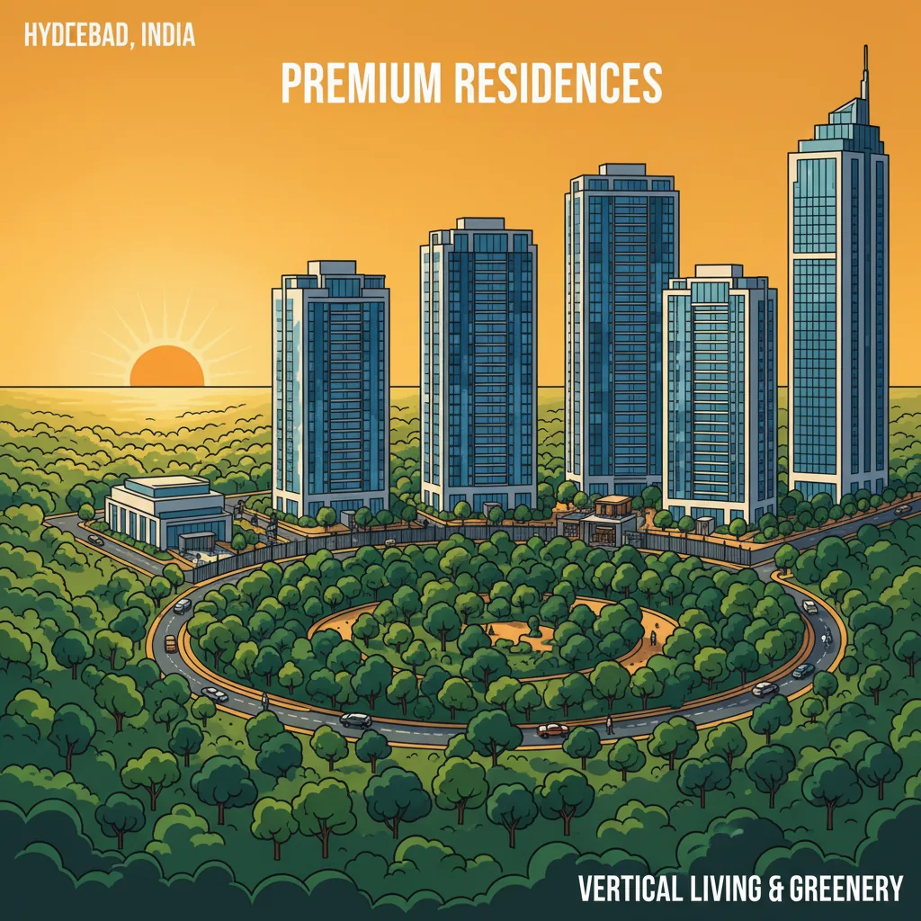Modern luxury residential towers rising above a lush green forest in Tellapur Hyderabad - Prestige Golden Grove gated community
