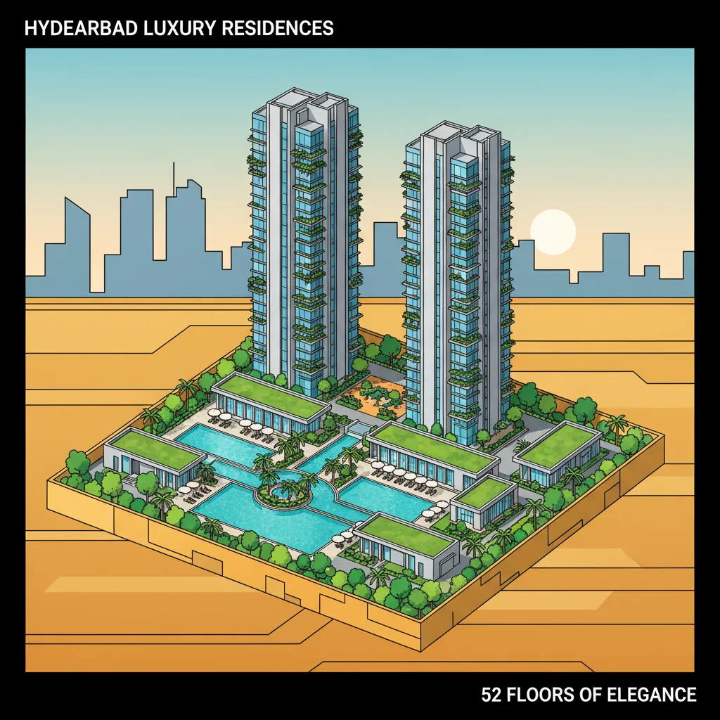 Modern luxury high-rise residential towers in Hyderabad featuring 52-floor iconic towers, premium gated community with swimming pools and clubhouses