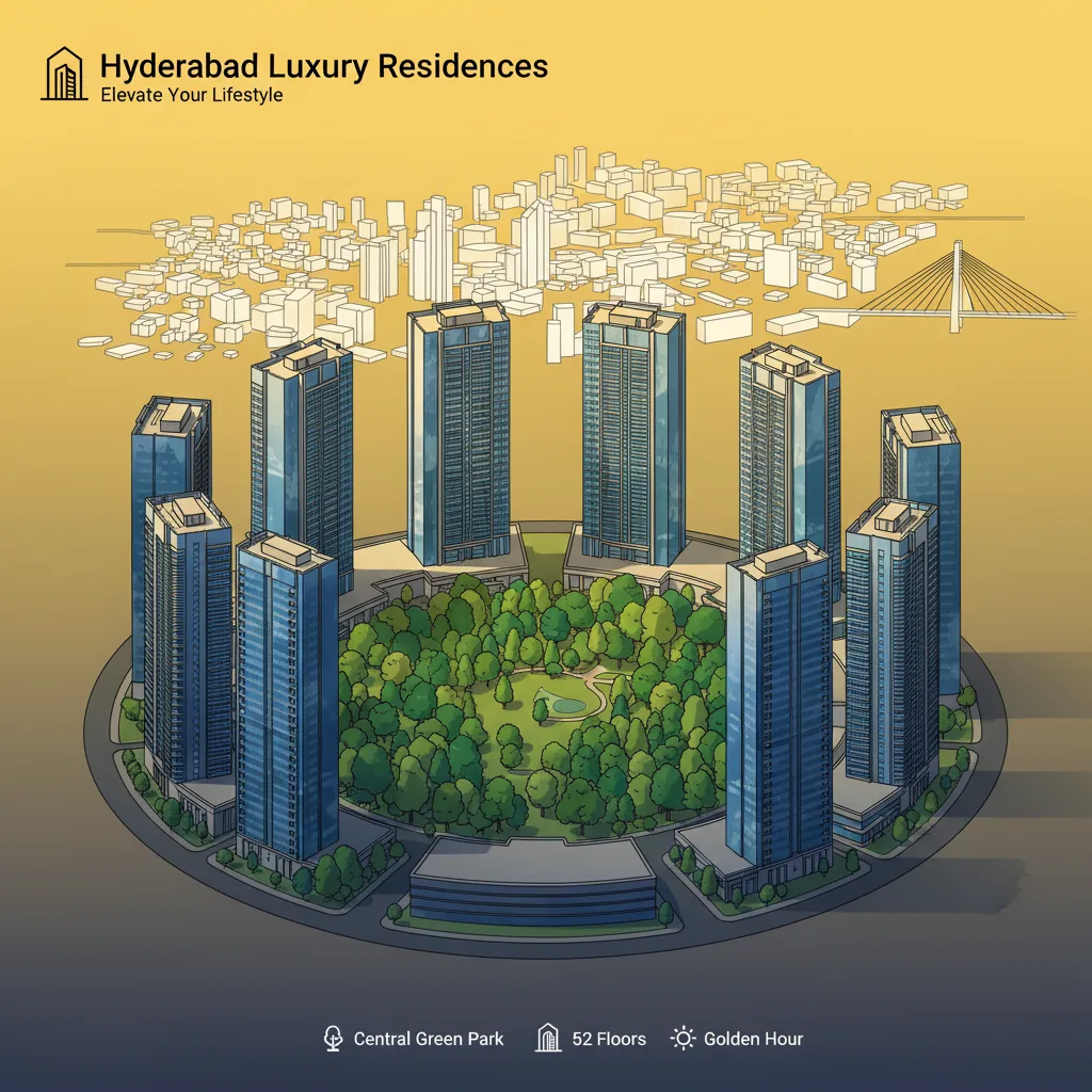 Modern luxury high-rise residential towers at Prestige Golden Grove with 52 floors and central forest park