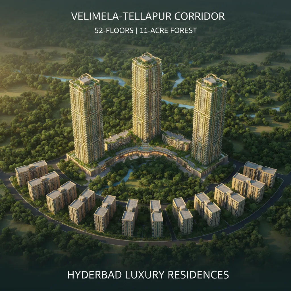 Luxury residential towers in Hyderabad's Velimela-Tellapur corridor with central forest and green terraces