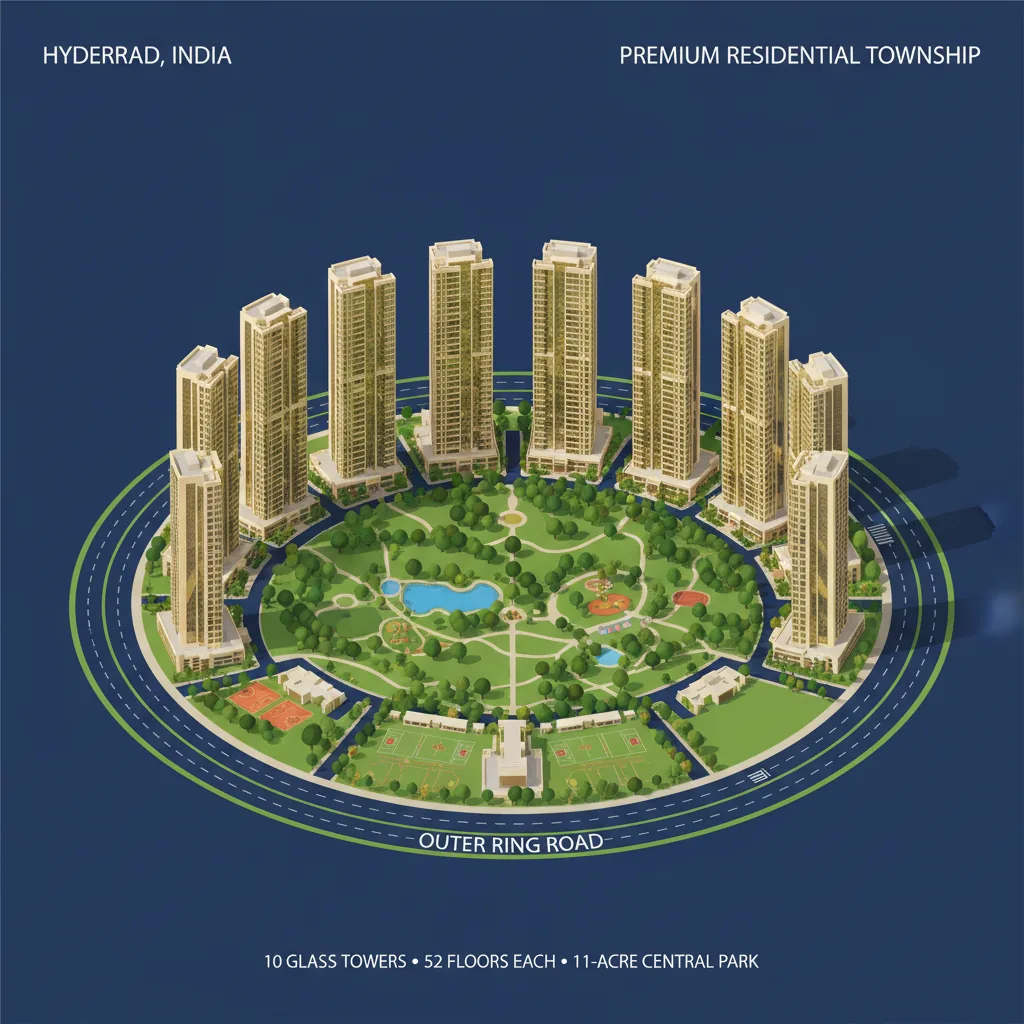 Aerial view of Prestige Golden Grove luxury residential township with 10 glass towers and 11-acre central park in Hyderabad, golden hour architectural visualization