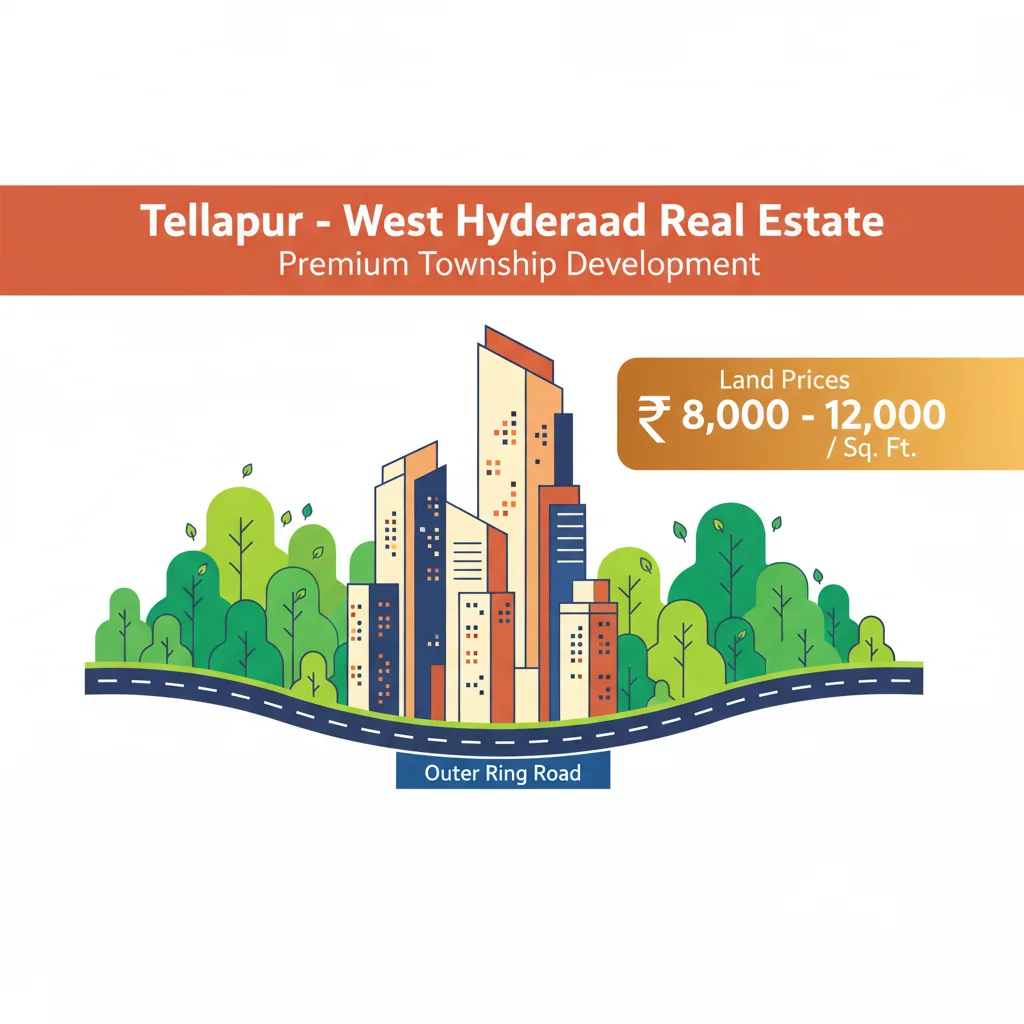 Modern real estate infographic showing Tellapur land prices in West Hyderabad with luxury residential towers and ORR connectivity